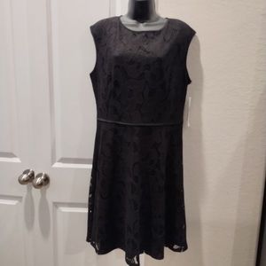 WISP Leeah Black Lace Fit Flare Cap Sleeve Lined Dress Sz 14